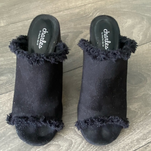 Black canvas chunky heeled mules with frayed edges - Picture 2 of 4